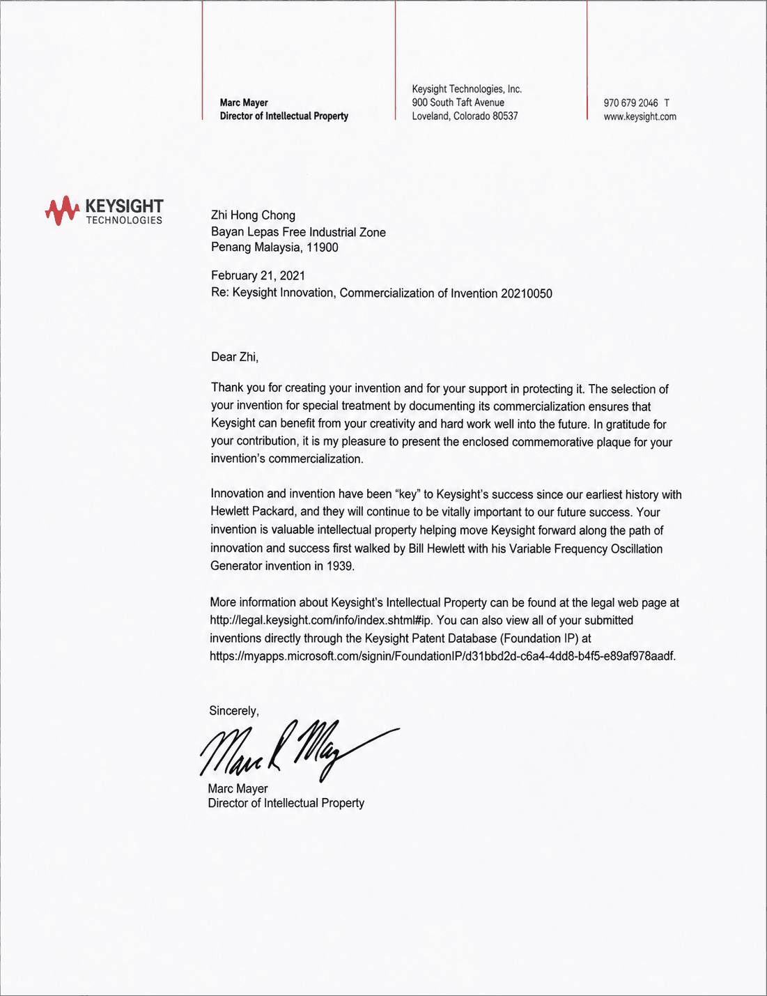 Keysight letter recognizing the commercialization of an invention by Zhi Hong Chong